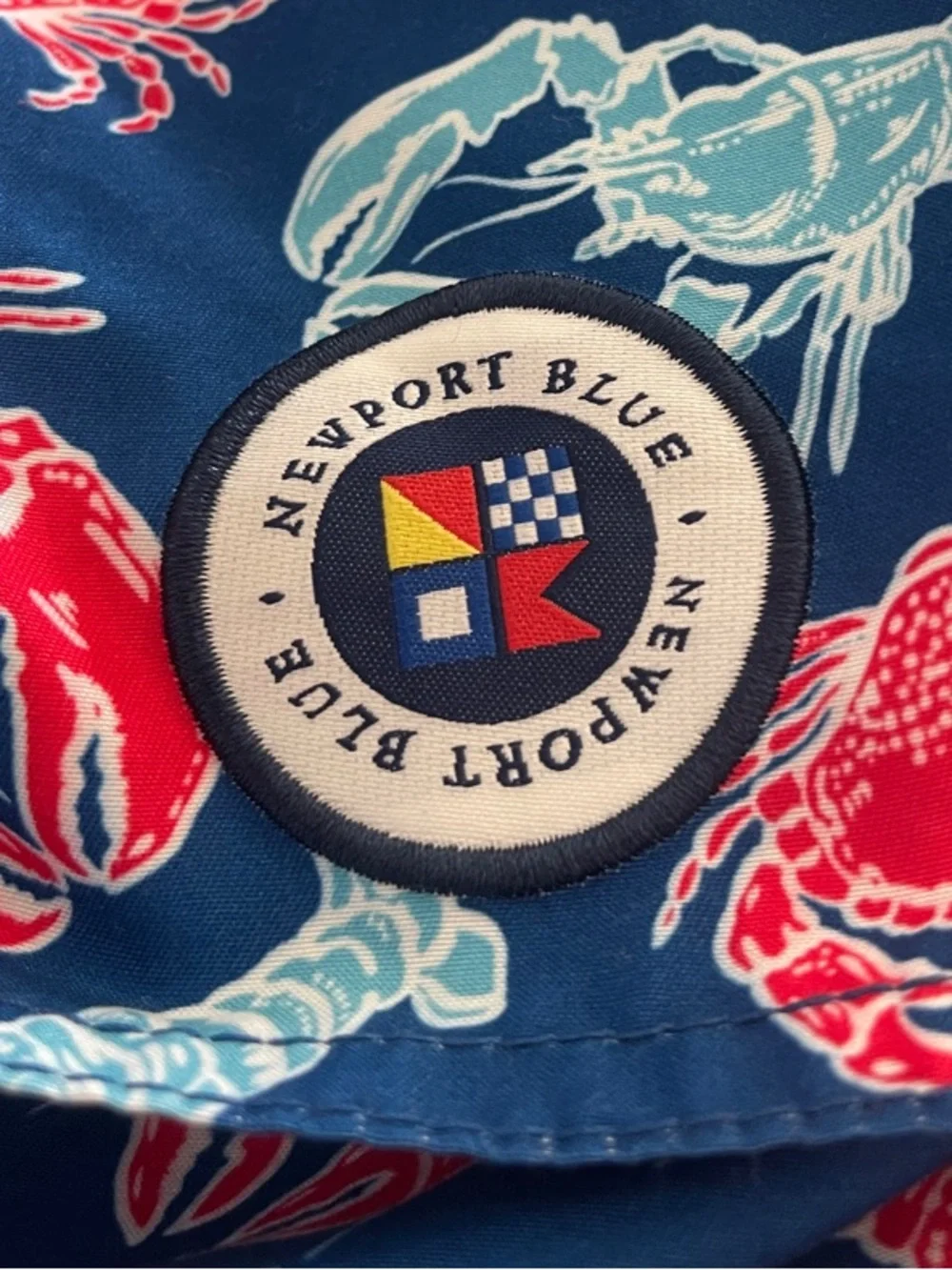 Newport Navy Swim Board Shorts with Red & Light Blue Lobster Print